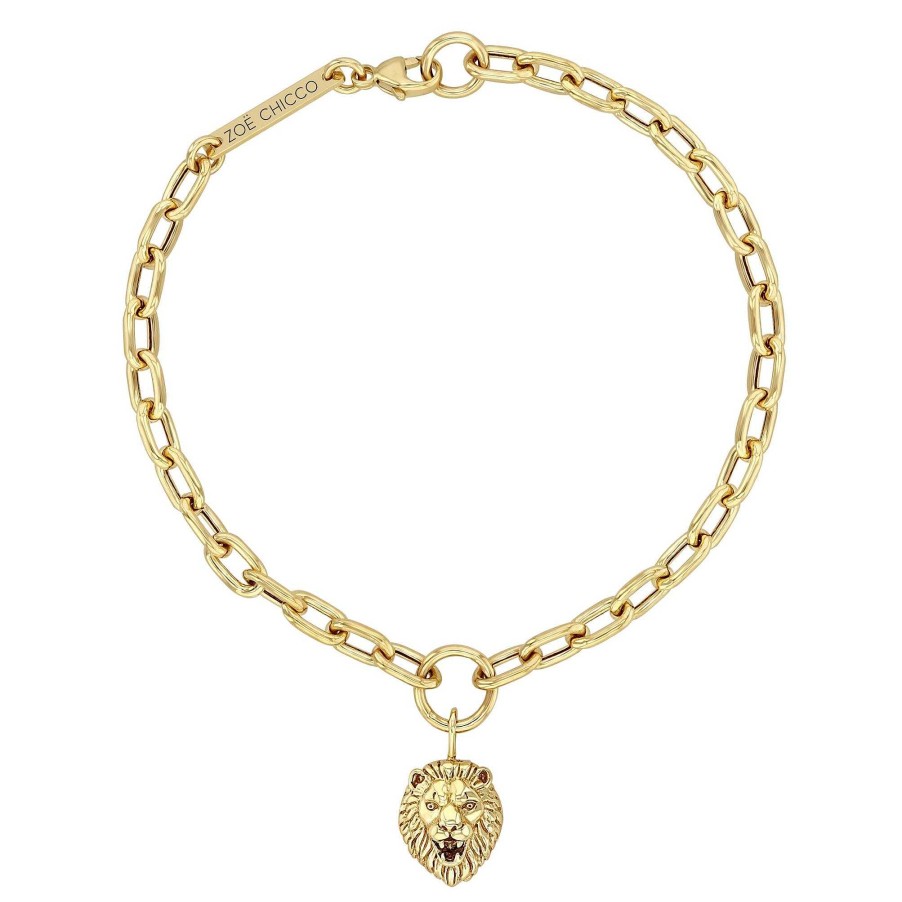 Bracelets Zoe Chicco | Medium Square Oval Link Bracelet With Dangling Lion Head 14K Yellow Gold