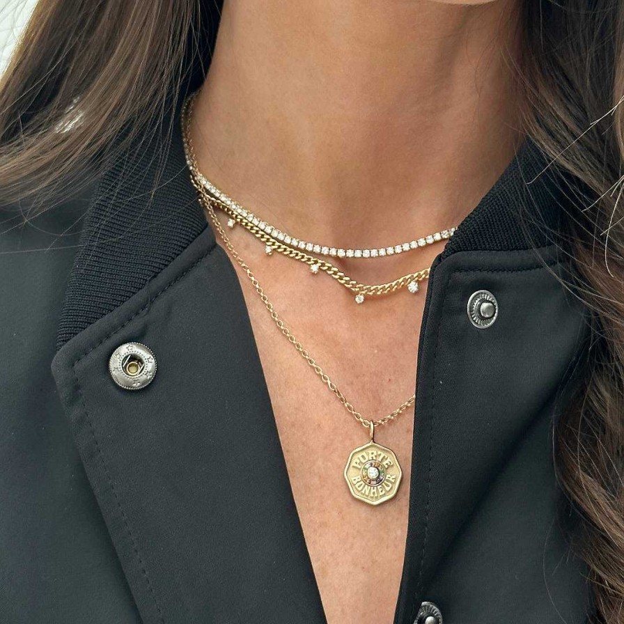 Necklaces Zoe Chicco | Small Curb Chain Necklace With 11 Graduating Prong Set Diamonds 14K Yellow Gold