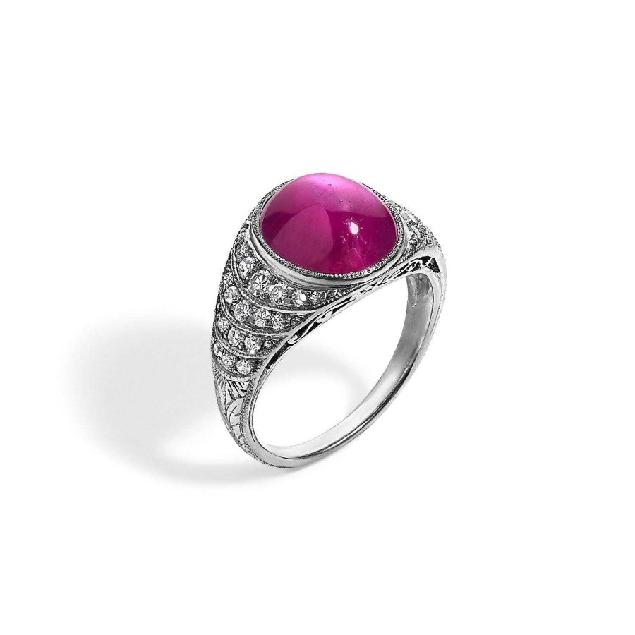 Rings SG Fine | Antique Edwardian Oval Shape Star Ruby Ring Platinum