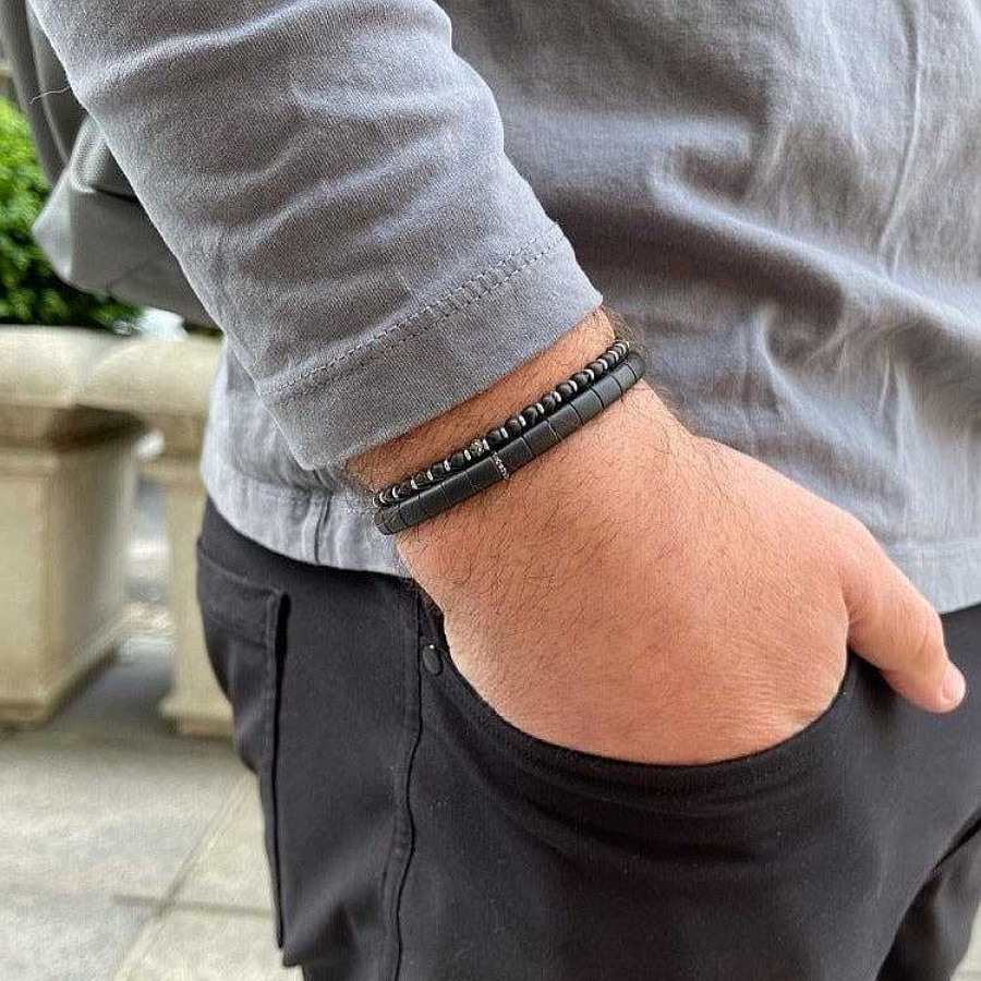 Bracelets Roberto Demeglio | Men'S Matte Black Ceramic Bracelet With Diamond Bar 18K Black Rhodium