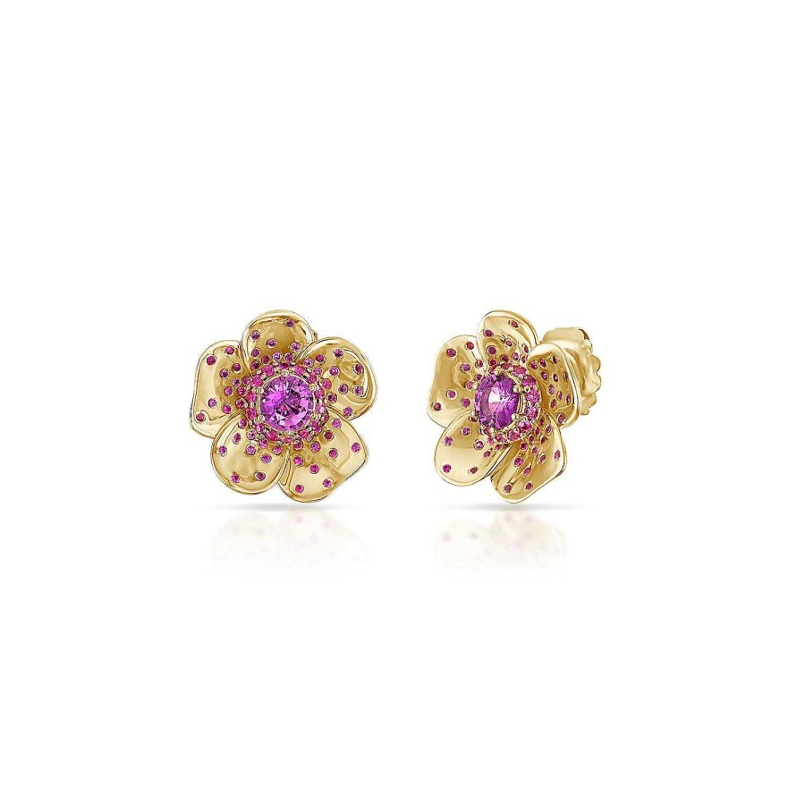 Earrings SG Fine | Pink Flower Studs 18K Yellow Gold