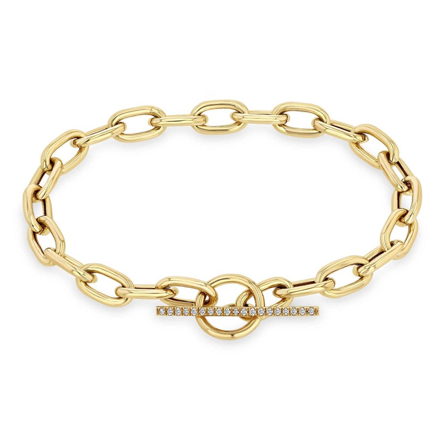 Bracelets Zoe Chicco | Extra Large Square Link Chain Bracelet With Pave Toggle Clasp 14K Yellow Gold