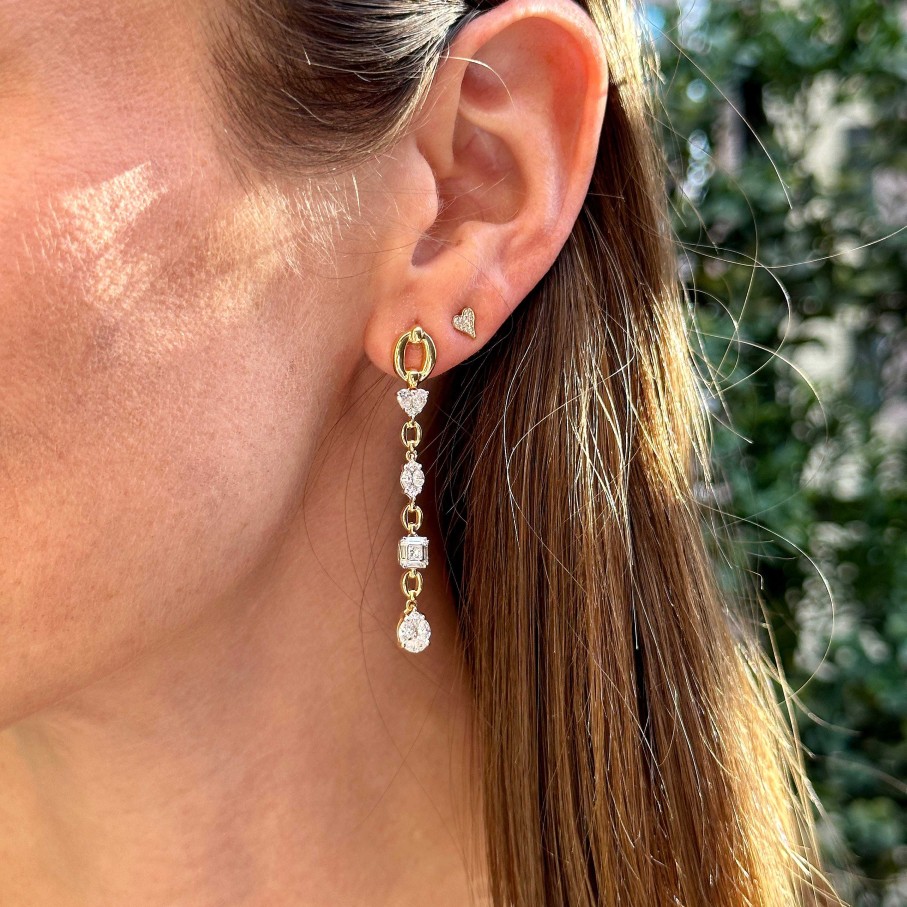 Earrings Nadine Aysoy | Catena Diamond Illusion Multistone Long Earrings 18K Yellow Gold