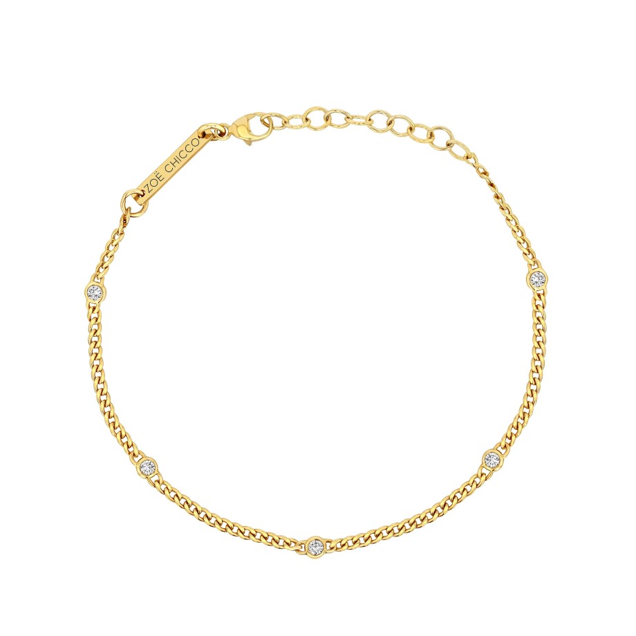 Bracelets Zoe Chicco | Extra Small Curb Chain Bracelet With Five Floating Diamonds 14K Yellow Gold