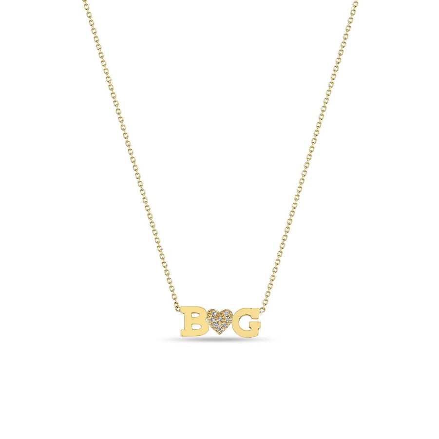 Necklaces Zoe Chicco | Double Letter Necklace With Pave Heart