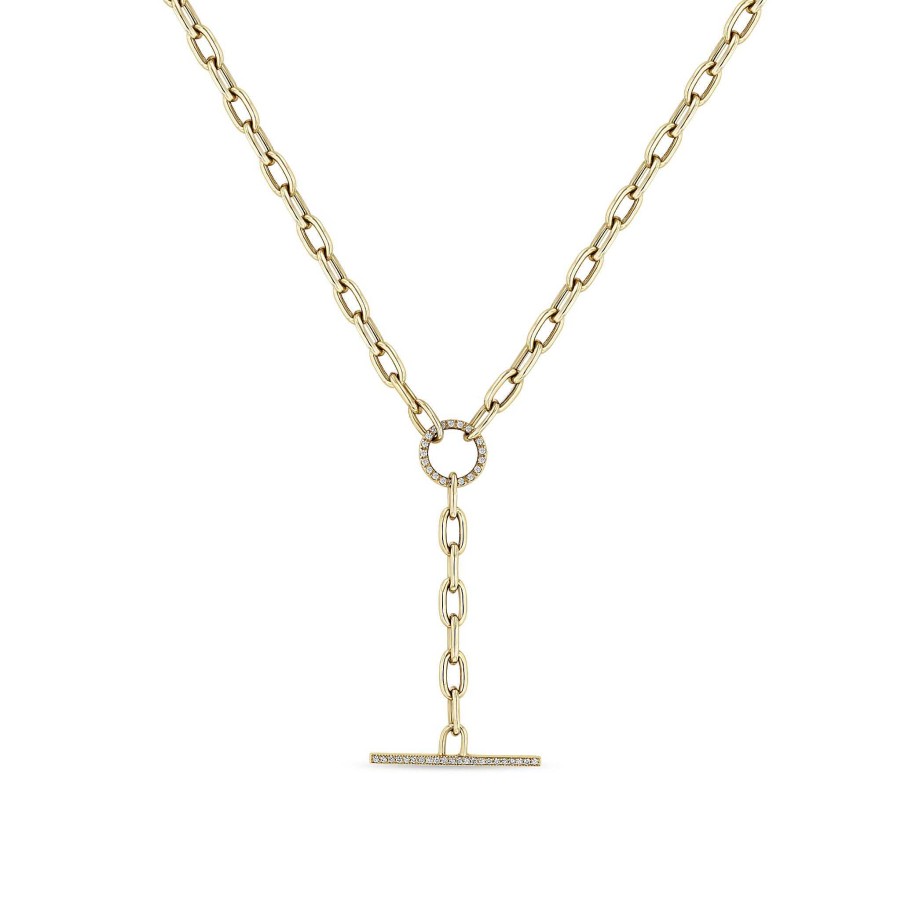 Necklaces Zoe Chicco | Gold Square Link Chain With Pave Toggle Necklace 14K Yellow Gold