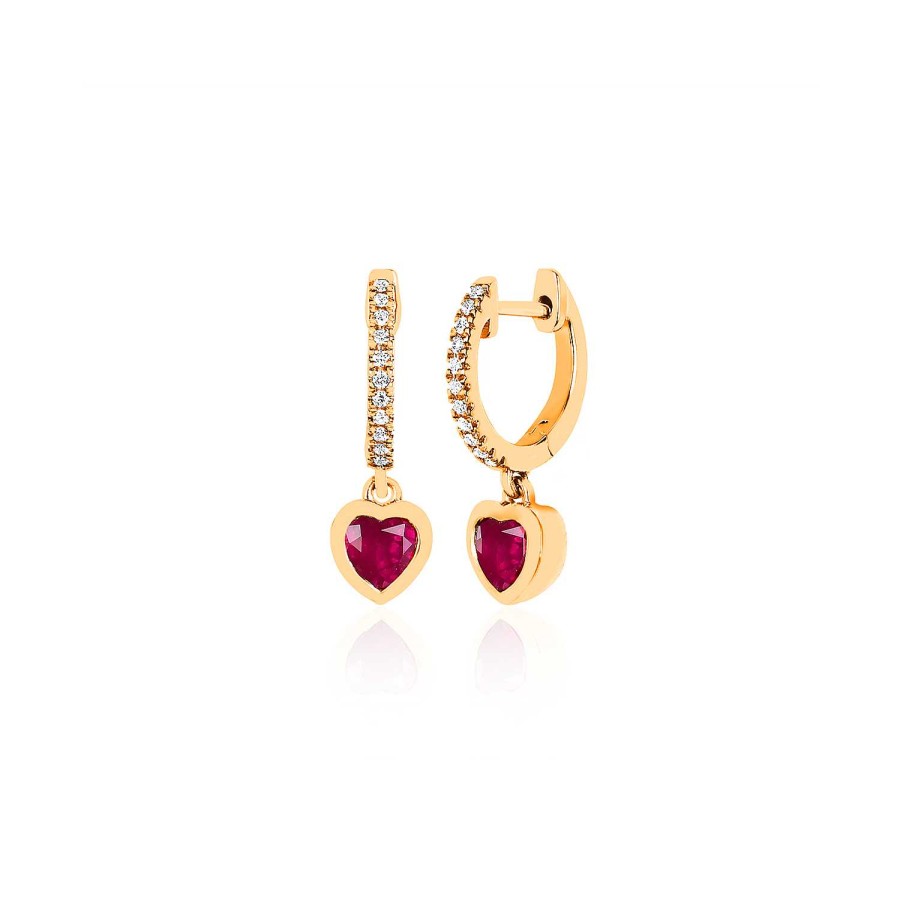 Earrings EF Collection | Diamond Mini Huggie With Gemstone Heart Drop Earring