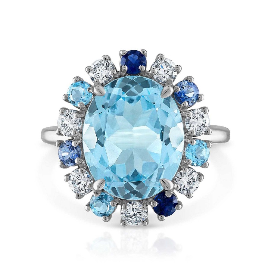 Rings SG Fine | Blue Topaz Sunburst Ring 14K White Gold