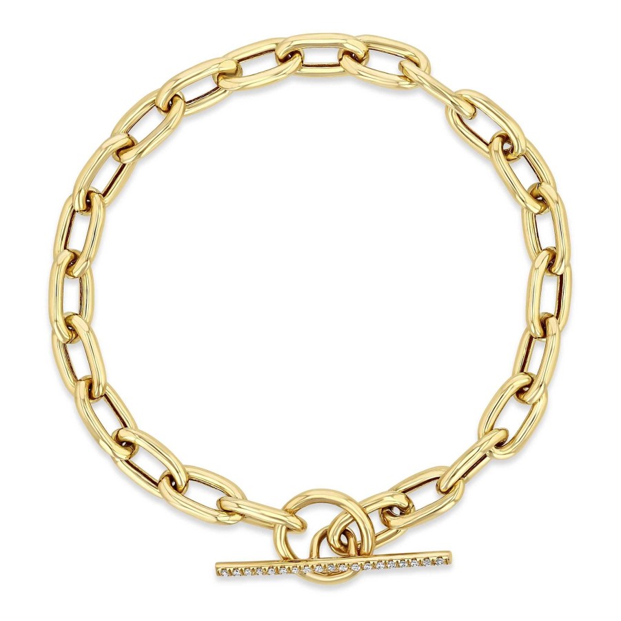 Bracelets Zoe Chicco | Extra Large Square Link Chain Bracelet With Pave Toggle Clasp 14K Yellow Gold