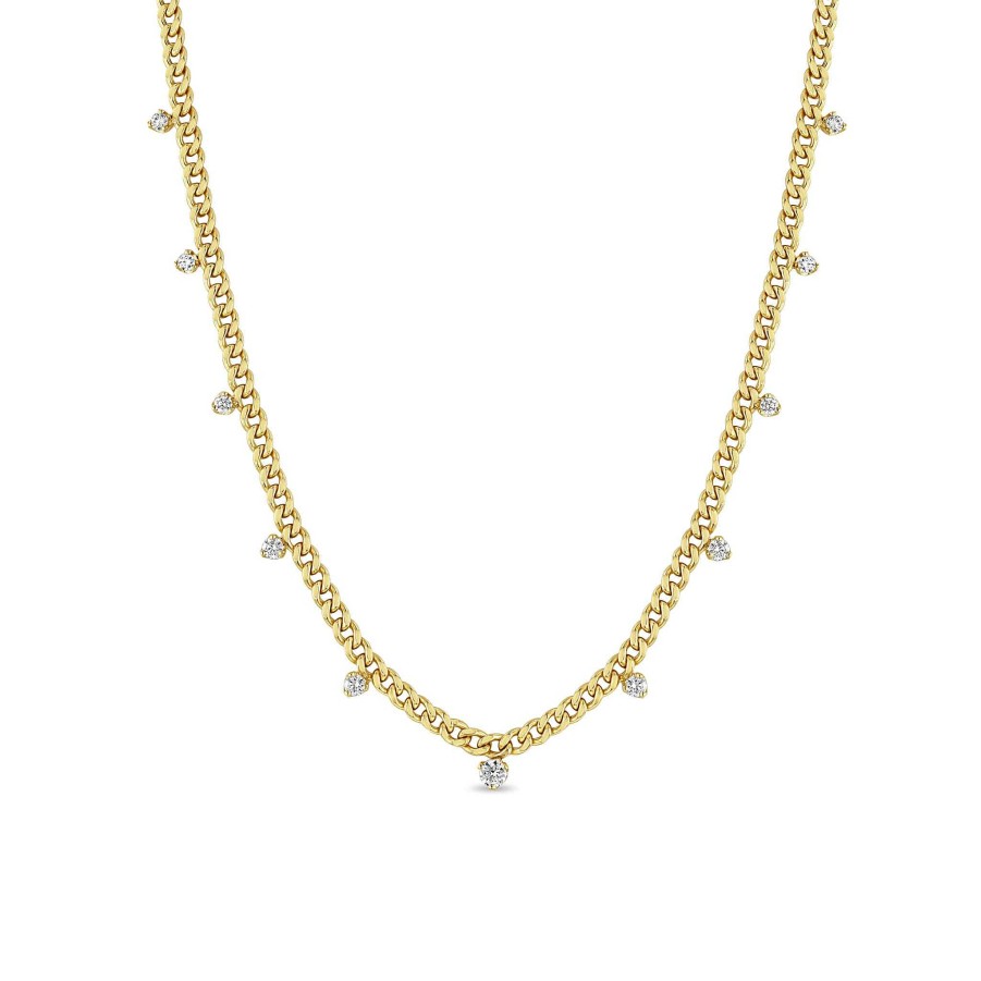 Necklaces Zoe Chicco | Small Curb Chain Necklace With 11 Graduating Prong Set Diamonds 14K Yellow Gold