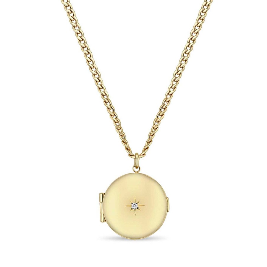 Necklaces Zoe Chicco | Medium Round Diamond Locket Curb Chain Necklace 14K Yellow Gold