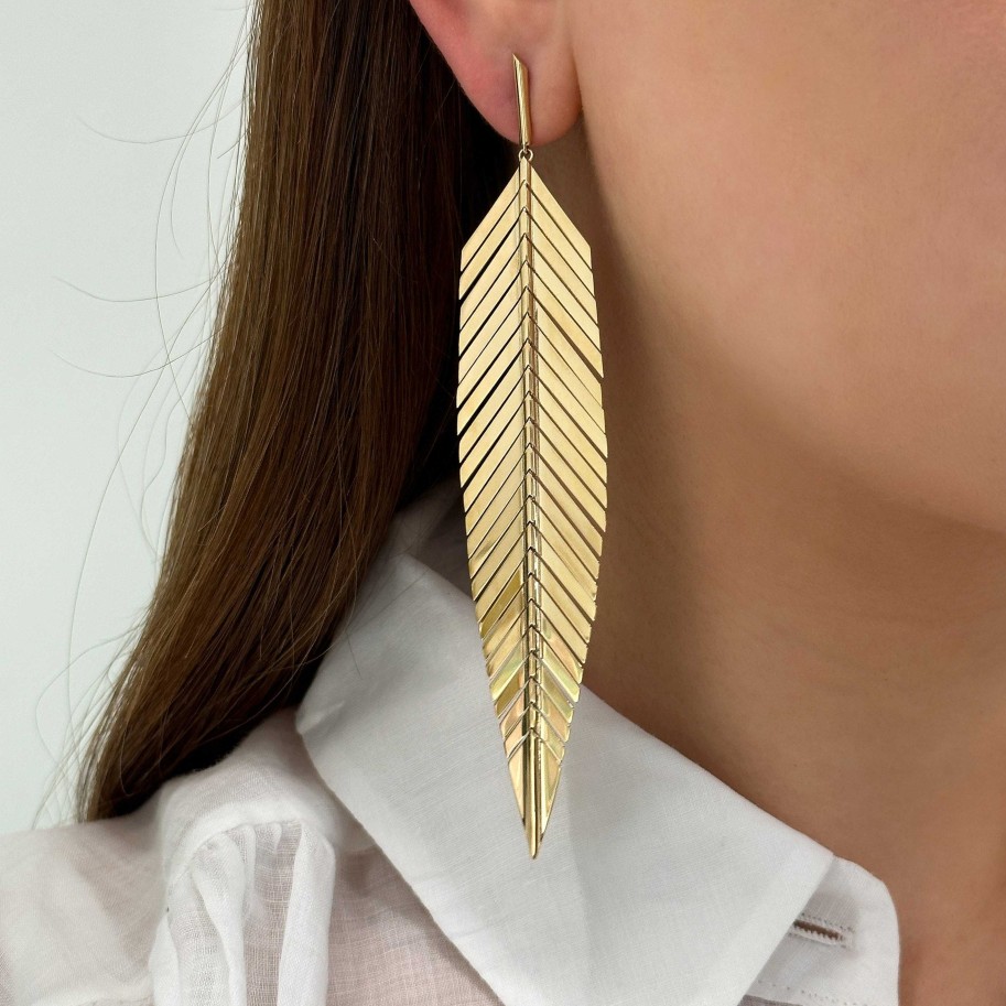 Earrings Cadar | Large Feather Earrings 18K Yellow Gold