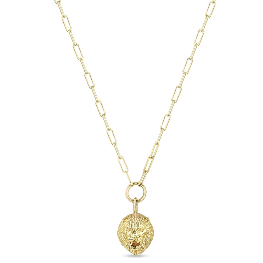 Necklaces Zoe Chicco | Small Paperclip Chain With Dangling Lion Head Necklace 14K Yellow Gold