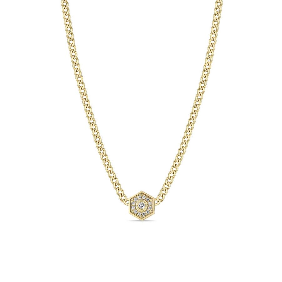 Necklaces Zoe Chicco | Hexagon Halo Curb Chain Necklace 14K Yellow Gold