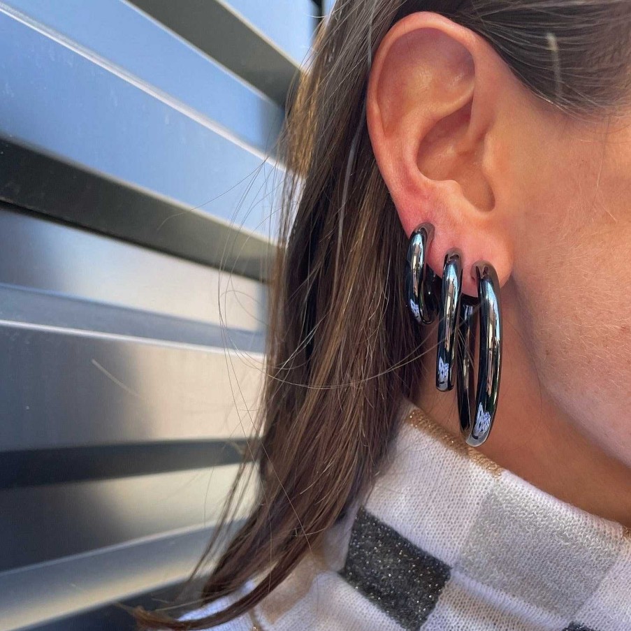 Earrings SG Fine | The Gunmetal Tube Electric Hoops® Titanium