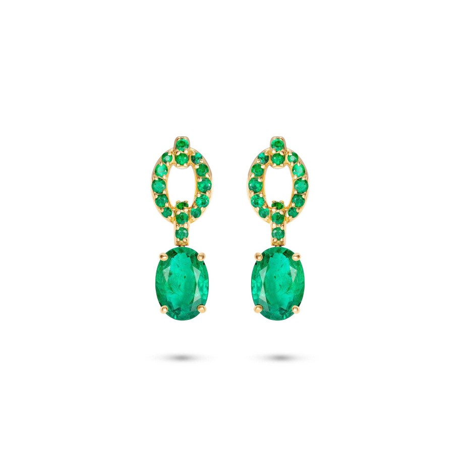 Earrings Nadine Aysoy | Catena Drop Oval Emerald And Pave Earrings 18K Yellow Gold