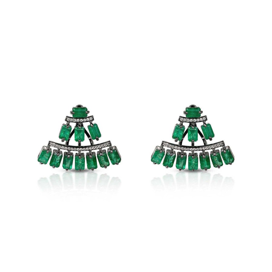 Earrings Savolinna | Scala Fan Earrings In Emerald 18K Black Rhodium