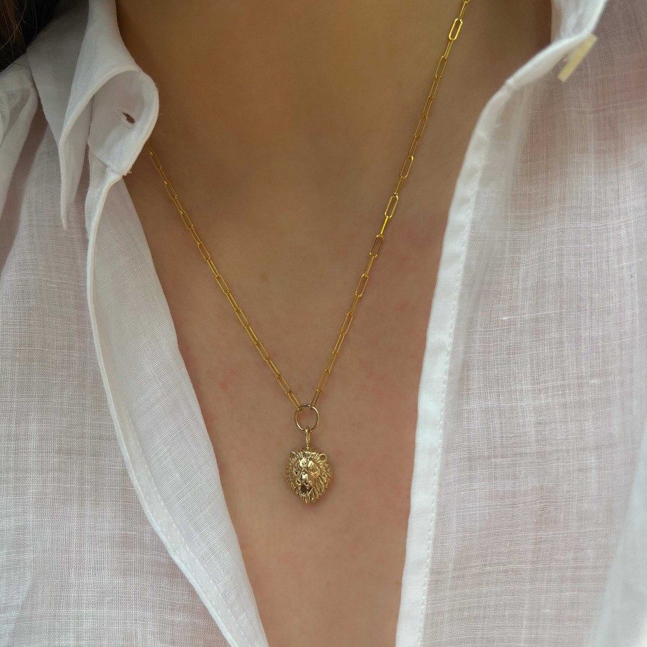 Necklaces Zoe Chicco | Small Paperclip Chain With Dangling Lion Head Necklace 14K Yellow Gold