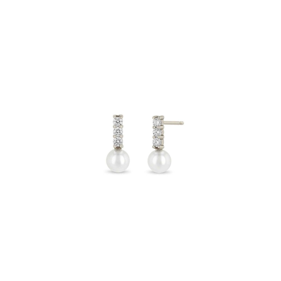 Earrings Zoe Chicco | Diamond Bar Earrings With Freshwater Cultured Pearl Drops