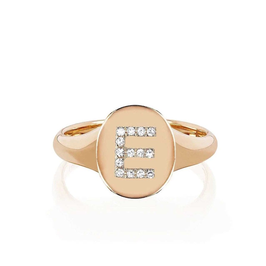 Rings EF Collection | Gold Oval Signet With Diamond Initial Ring