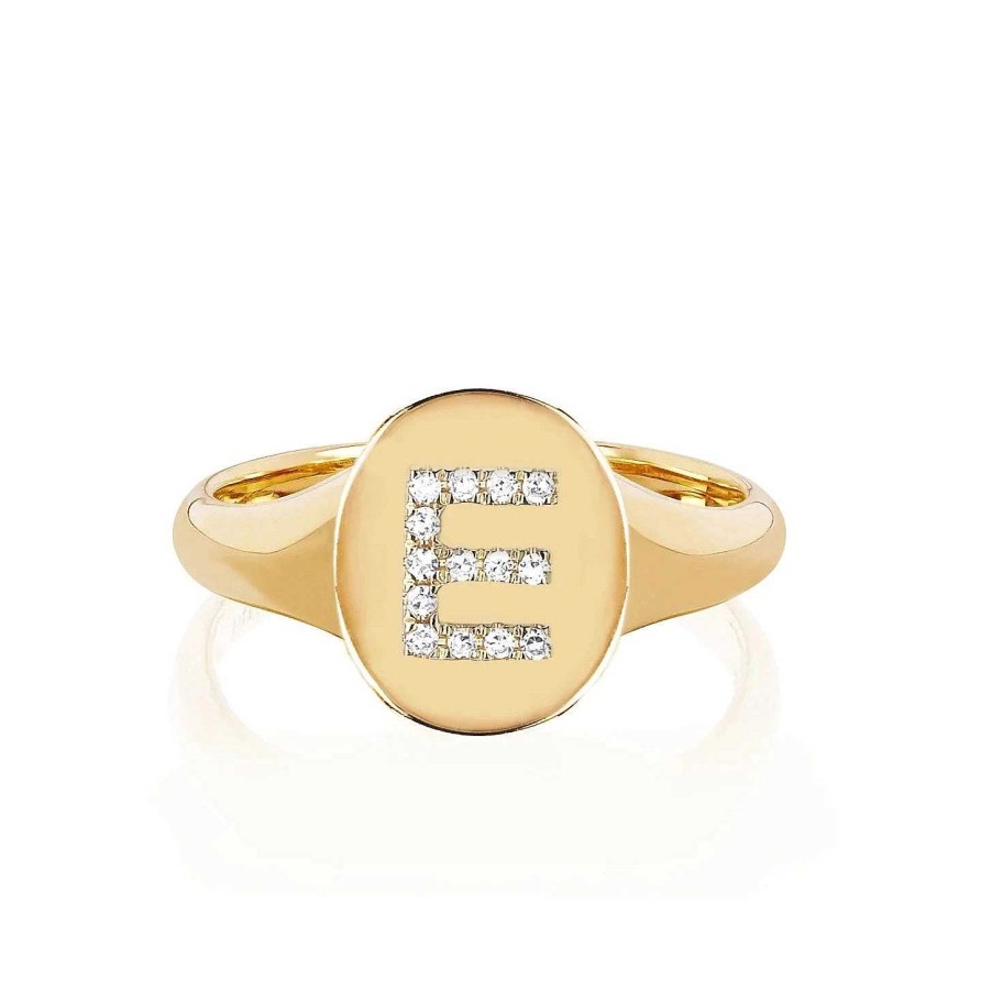 Rings EF Collection | Gold Oval Signet With Diamond Initial Ring