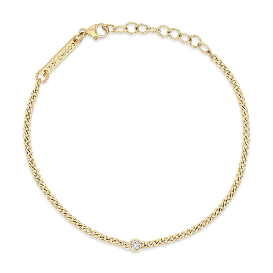 Bracelets Zoe Chicco | Extra Small Curb Chain Bracelet With Single Floating Diamond 14K Yellow Gold