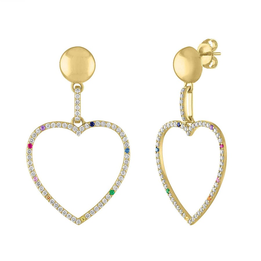 Earrings SG Fine | Scattered Rainbow Open Heart Earrings 14K Yellow Gold