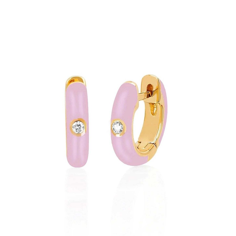 Earrings EF Collection | Diamond Enamel Huggie Earrings 14K Yellow Gold