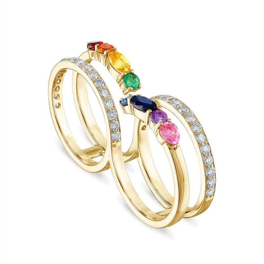 Rings SG Fine | Two Finger Rainbow Gemstone Ring 14K Yellow Gold