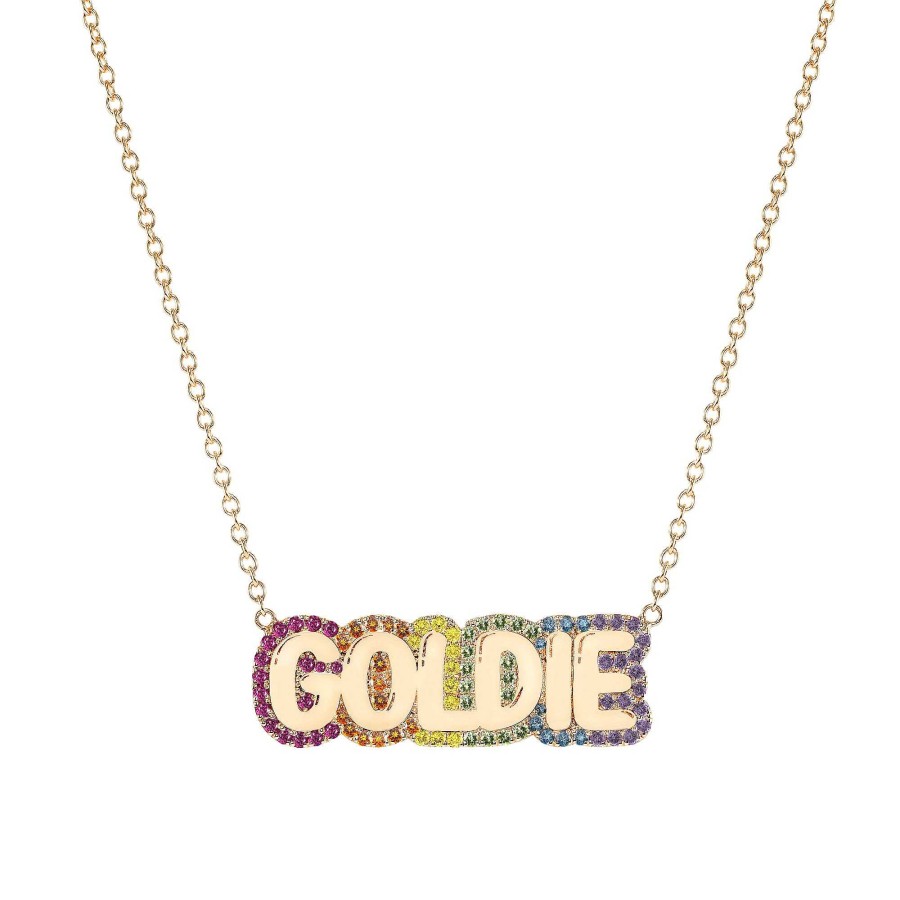 Necklaces Noush Jewelry | Large Bubble Name With Rainbow Outline Necklace