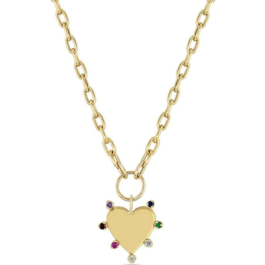 Necklaces Zoe Chicco | 7 Rainbow Gemstones Heart Pendant 14K Yellow Gold