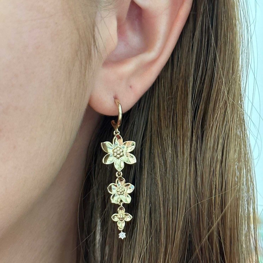 Earrings SG Fine | Beaded Flower Drop Earrings With Single Diamond 14K Yellow Gold