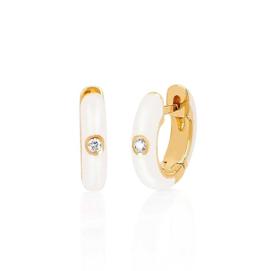 Earrings EF Collection | Diamond Enamel Huggie Earrings 14K Yellow Gold