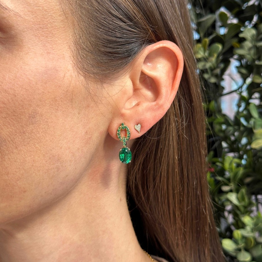 Earrings Nadine Aysoy | Catena Drop Oval Emerald And Pave Earrings 18K Yellow Gold