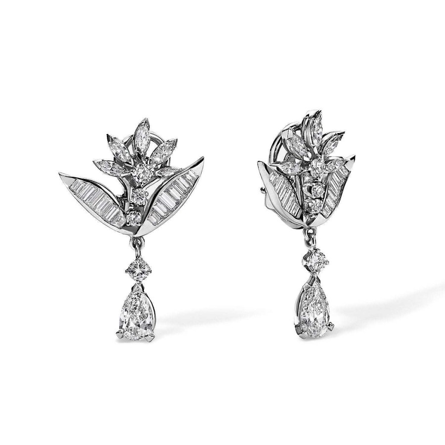 Earrings SG Fine | Vintage Diamond Marquise And Baguette Earrings Platinum