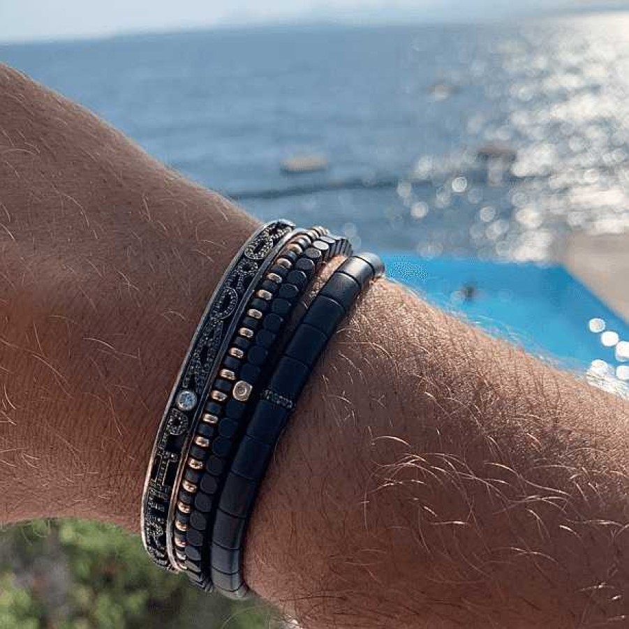 Bracelets Roberto Demeglio | Men'S Matte Black Ceramic Bracelet With Diamond Bar 18K Black Rhodium