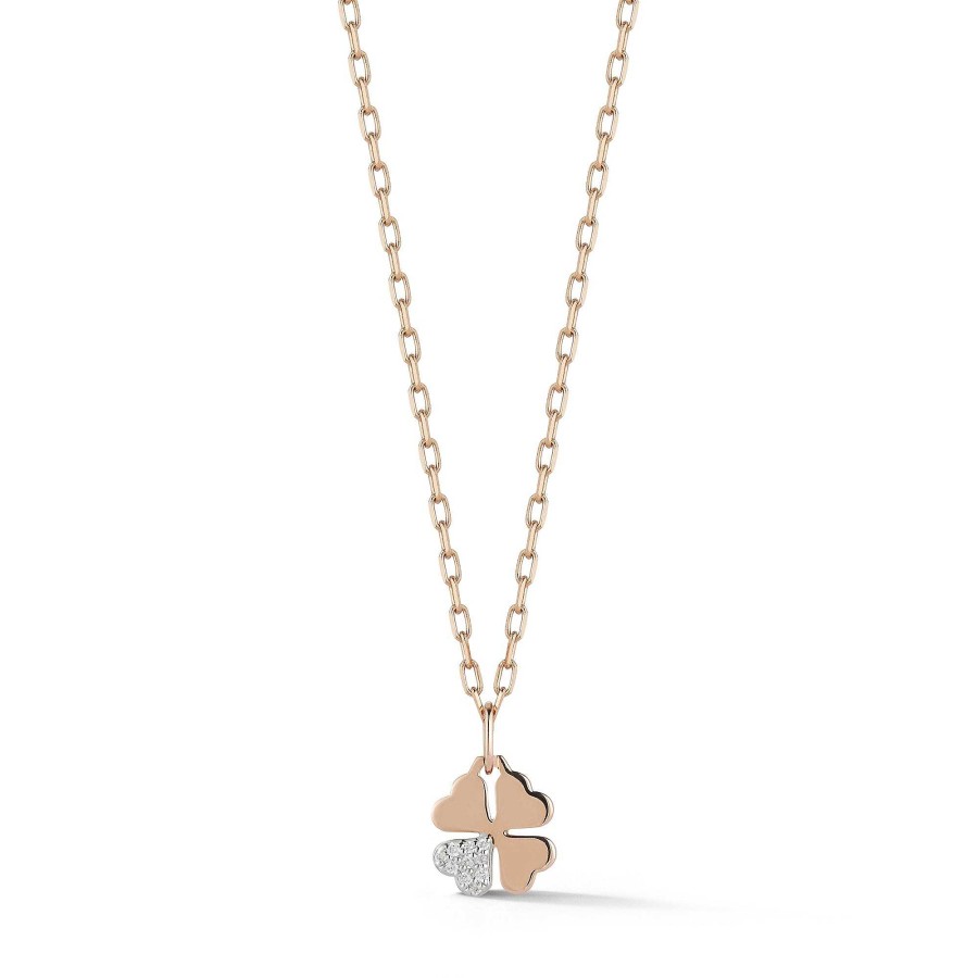 Necklaces Walters Faith | Dora Gold Mini Clover With One Diamond Leaf Necklace 18K Rose Gold