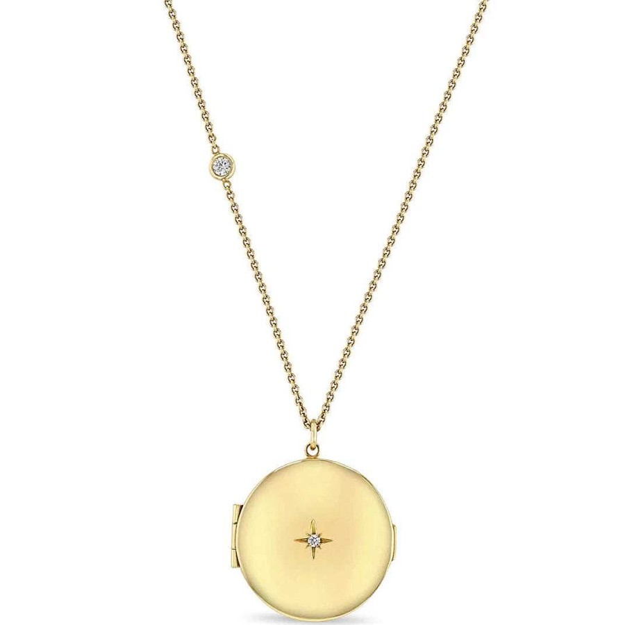 Necklaces Zoe Chicco | Large Round Diamond Locket Necklace With Floating Diamond 14K Yellow Gold