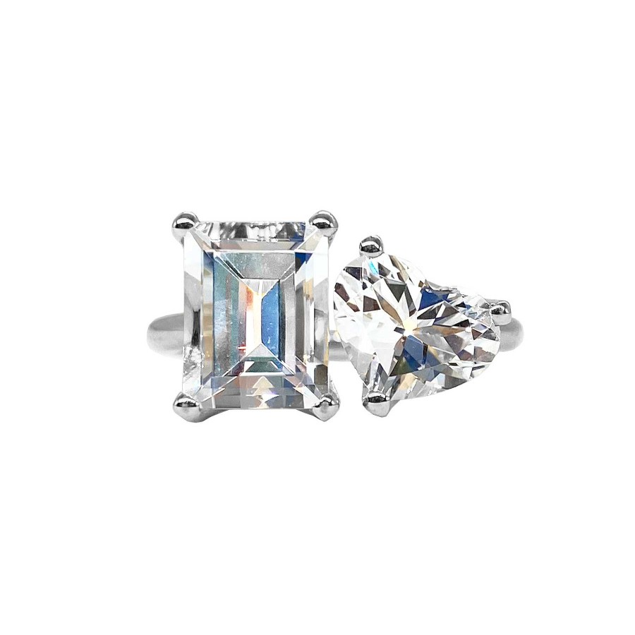 Rings Jane Taylor | Small White Topaz Emerald And Heart Two-Stone Ring